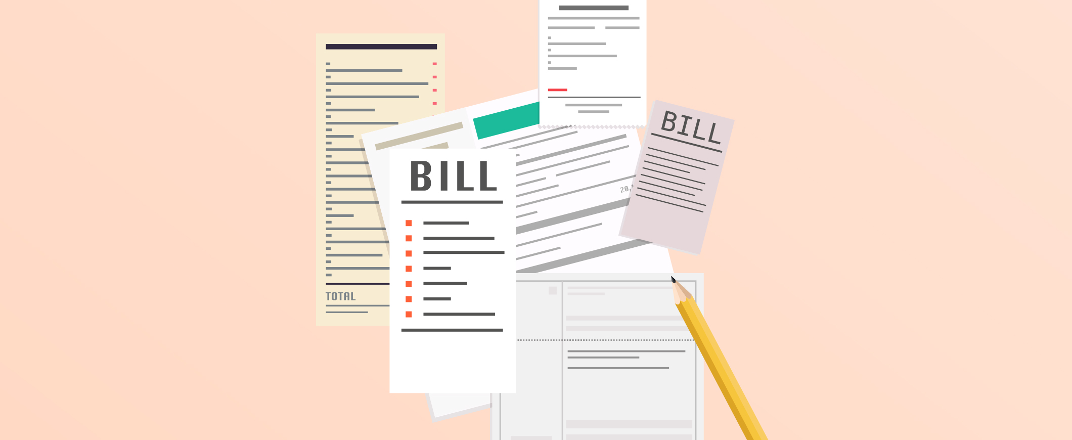 Illustration of several bills, with a pencil.