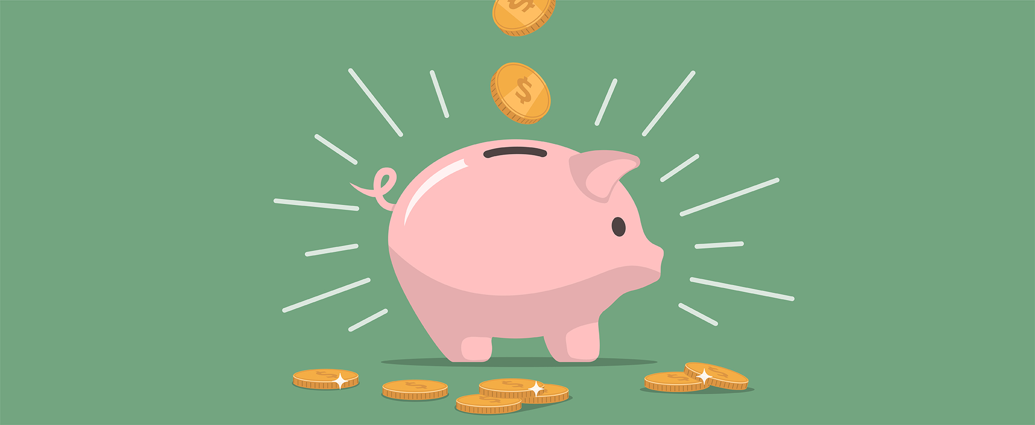 Graphic of a piggy bank with coins falling from above.