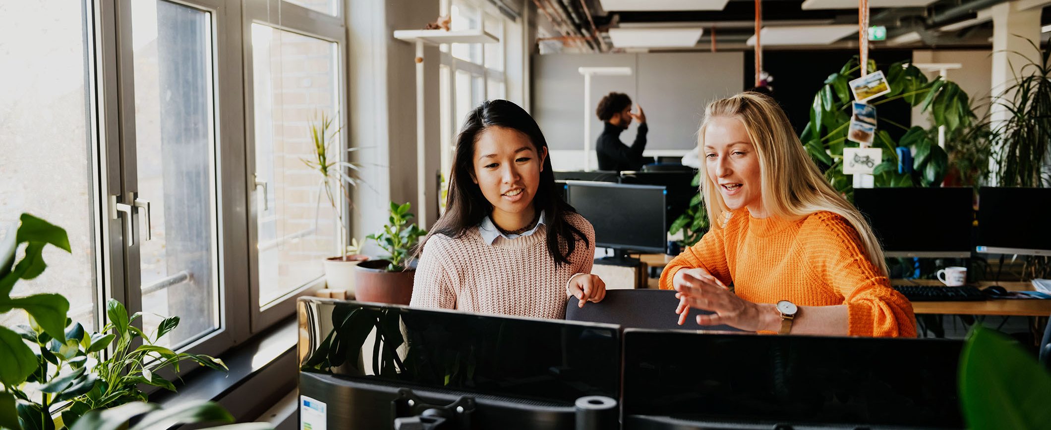 Two women look at a computer monitor.