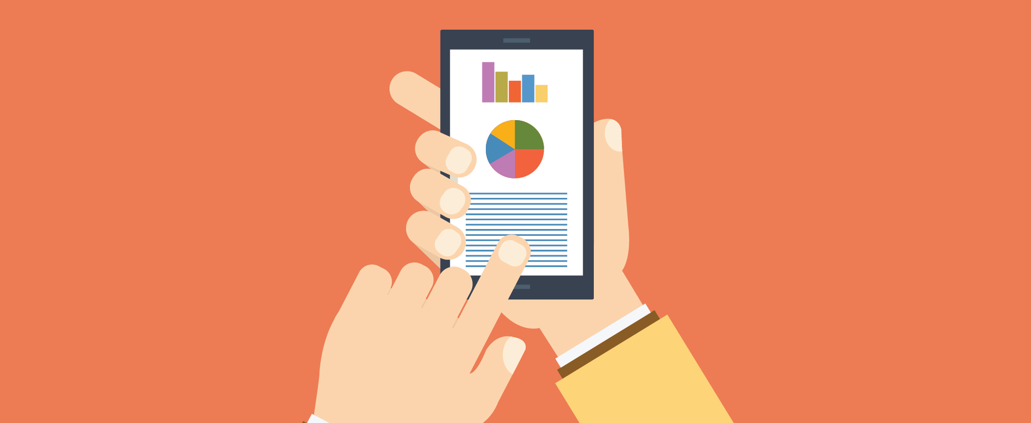 A graphic depicting two hands interacting with a smart phone that has three different charts on its screen.