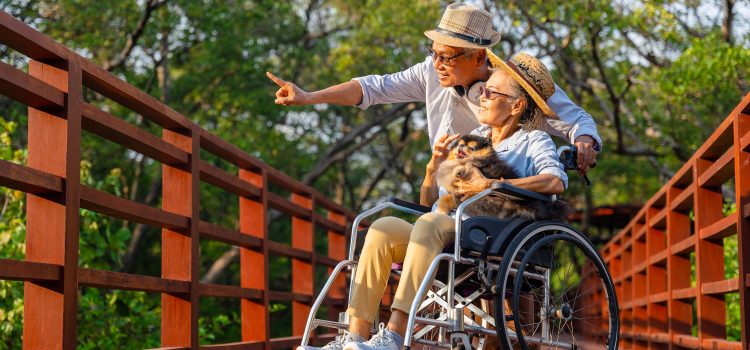 Older man points to something outside while on a walk with his wife who is in a wheelchair holding a dog.