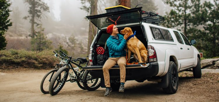 A man sits with his dog in an open car trunk, getting ready to hike a forest trail.