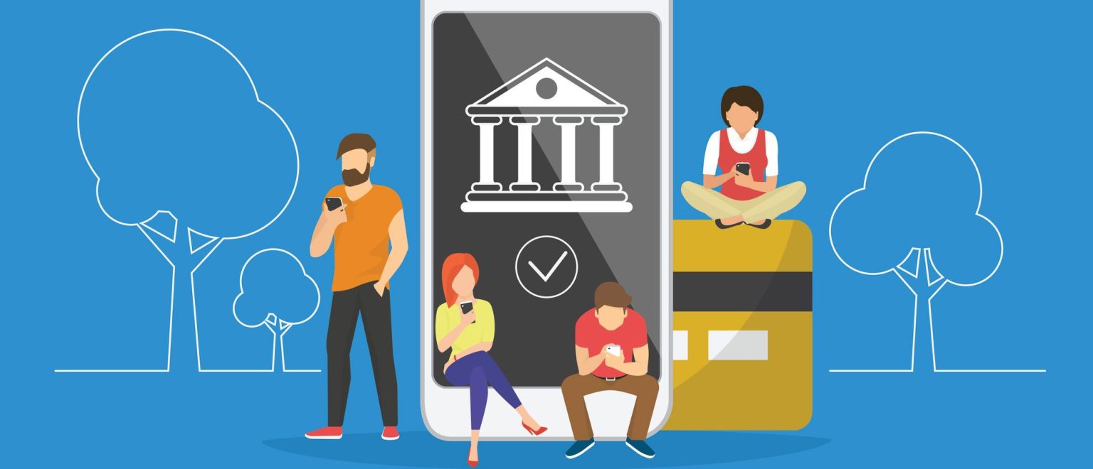 A graphic of four people looking at smart phones sitting around a large mobile phone and a credit card.