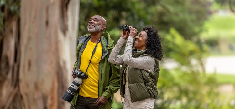 A retired couple watches birds in the woods.