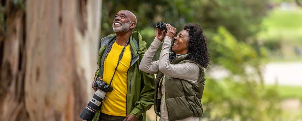 A retired couple watches birds in the woods.
