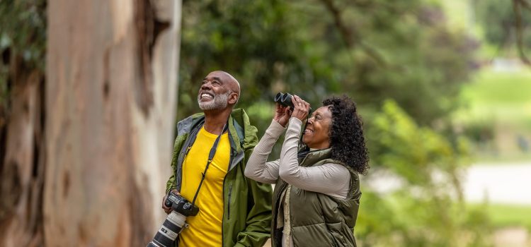 A retired couple watches birds in the woods.